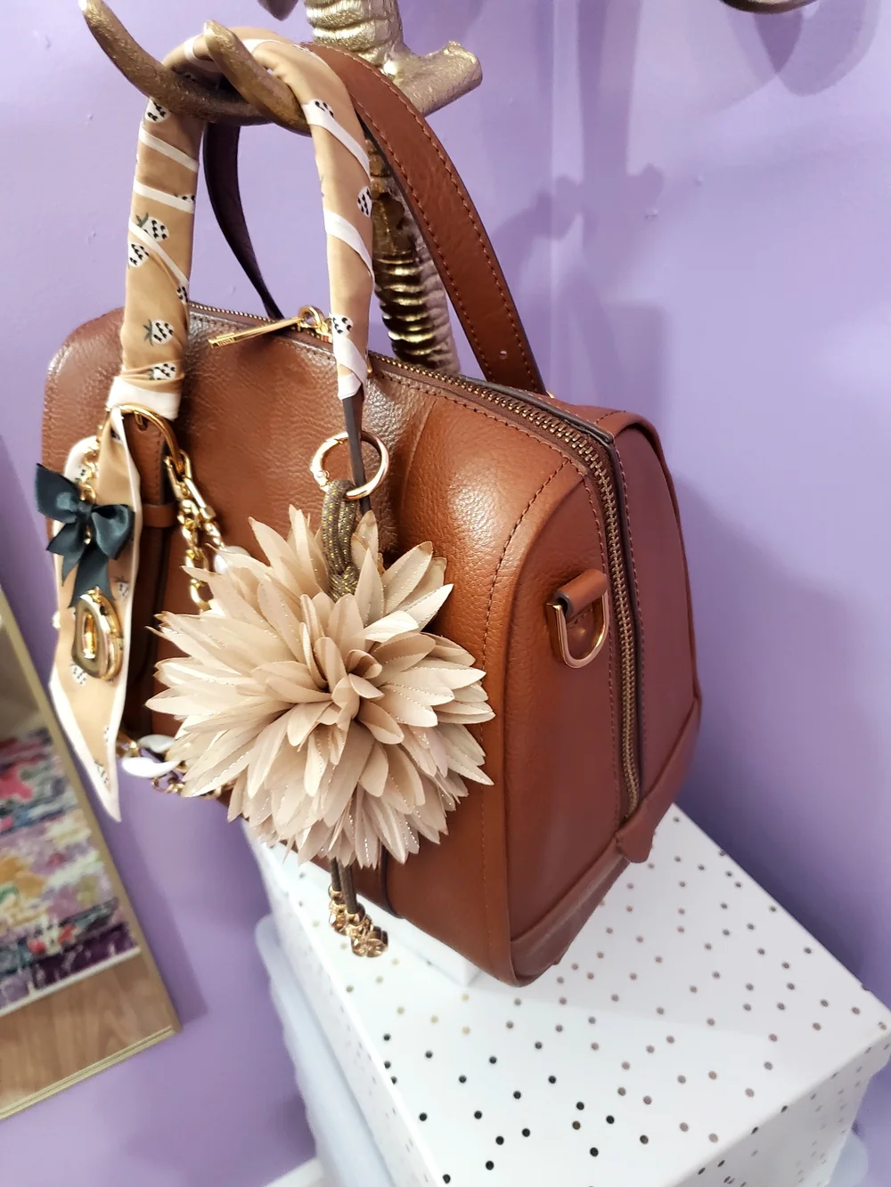 Stylish Brown Women's Satchel Bag with Pearl & Floral Charm